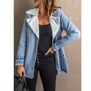 Denim Faux Fur Long Sleeve Lapel Collar Oversized Coat